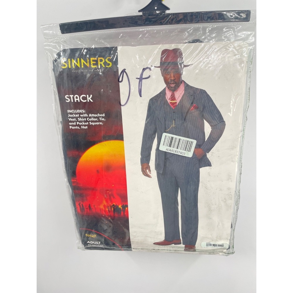 NWT Spirit Halloween Sinners Stack Suit Costume w/ Hat Adults Medium Gray Stripe